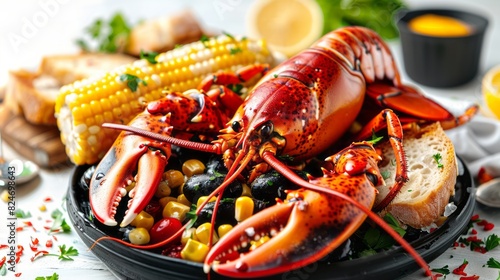 A Delicious And Fresh Lobster Dinner Is Served With Corn On The Cob And Bread.