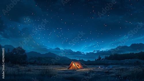 Starry night sky with a glowing orange camp tent  capturing the beauty and serenity of nighttime in the wilderness.
