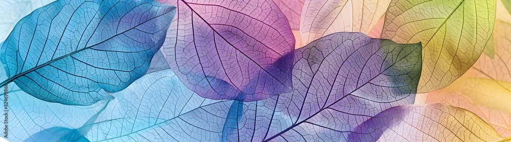 A detailed closeup of transparent skeleton leaves, each with intricate veins and delicate petal shapes, in various shades of blue, purple, green, yellow, and pink, creating an abstract pattern on the A detailed closeup of transparent skeleton leaves, each with intricate veins and delicate petal shapes, in various shades of blue, purple, green, yellow, and pink, creating an abstract pattern on the