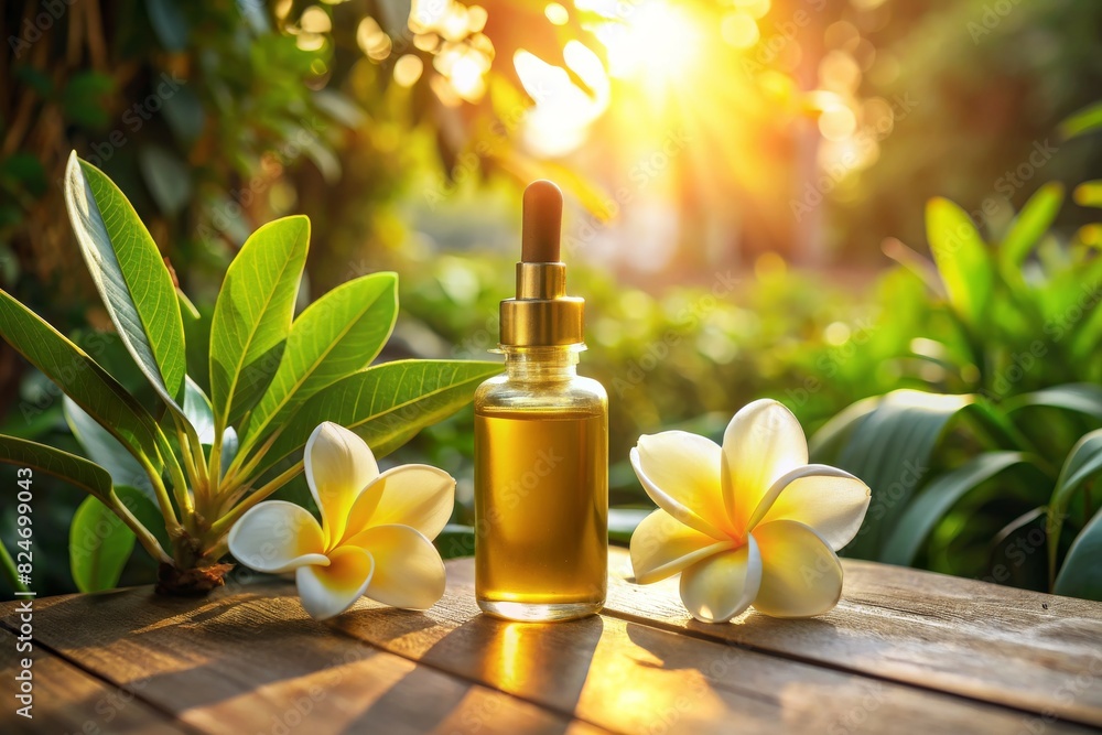 Spa oils in bottles on sunset Spa oils in bottles on sunset