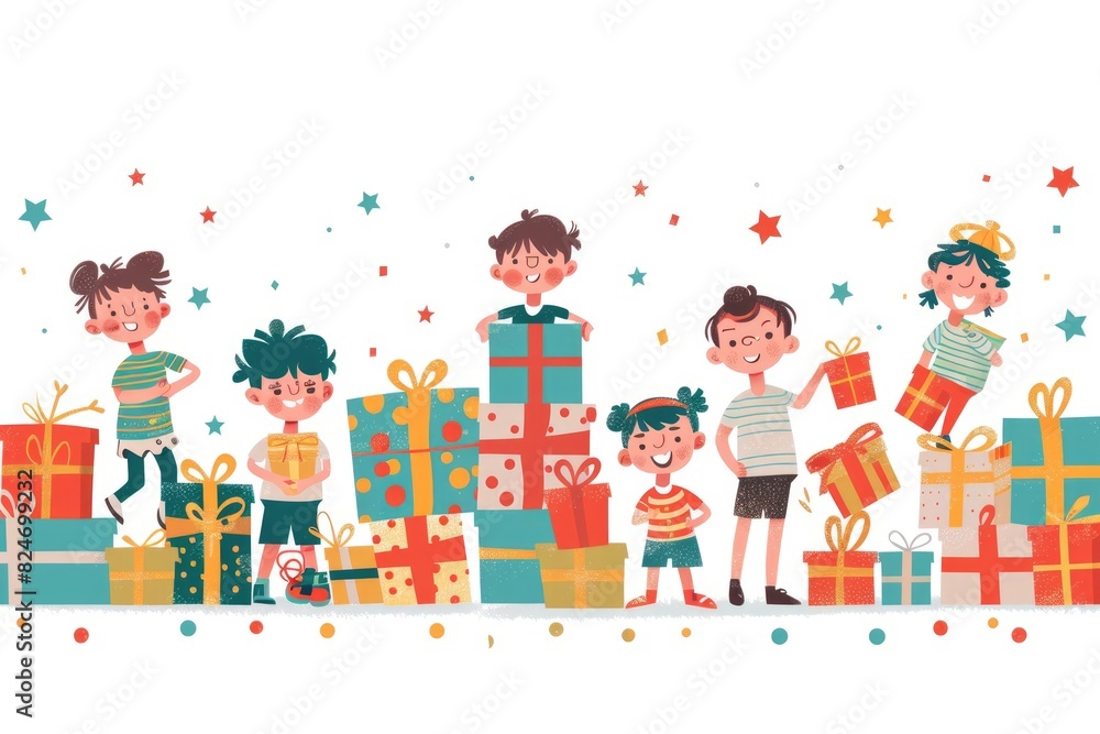 Fototapeta premium A group of children carrying box gifts and illustrations