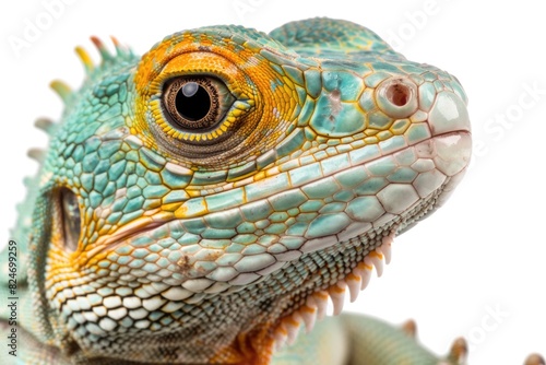 Close up of a lizard's face on white background. Suitable for educational materials or nature-themed designs © Fotograf