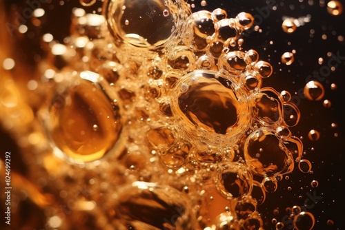 Soda Fizz: Close-up of bubbles fizzing in a carbonated soda.