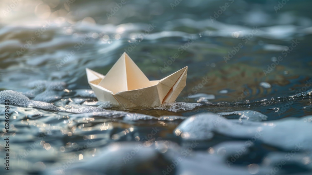 Paper boat floating on water, suitable for various concepts and designs Paper boat floating on water, suitable for various concepts and designs