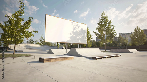 Modern skate park with a blank billboard, 3D rendered for youth-oriented ads.