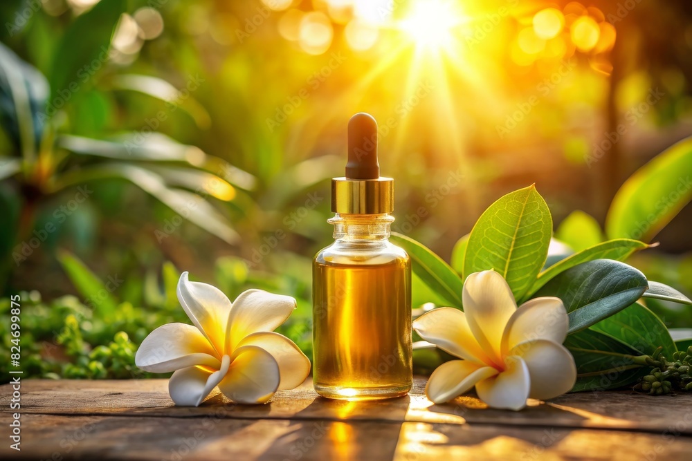 Spa oils in bottles on sunset Spa oils in bottles on sunset