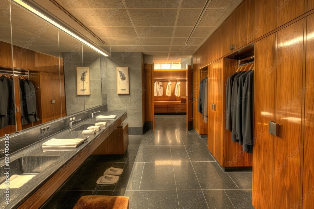 Fototapeta premium A row of sinks and wooden cabinets in a bathroom. Suitable for interior design concepts