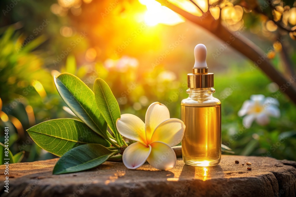 Spa oils in bottles on sunset Spa oils in bottles on sunset