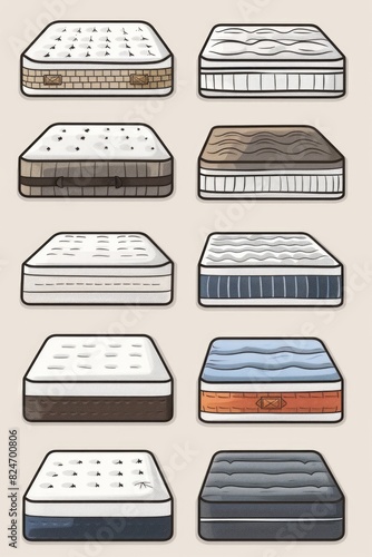 Different types of mattresses on display, suitable for furniture or bedding advertisements photo