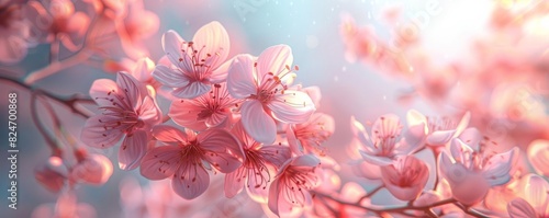 Spring cherry blossoms flat design front view delicate petals theme 3D render Triadic Color Scheme