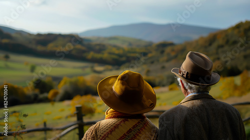 Close-up of an elderly couple enjoying a stroll through a picturesque rural landscape. symbolizes tranquility, connection with nature and joy in the simple moments of life. photo