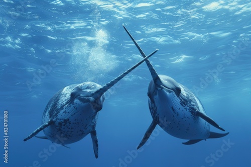 Two narwhales gracefully swimming in the deep blue ocean. Perfect for marine life and nature themed designs photo