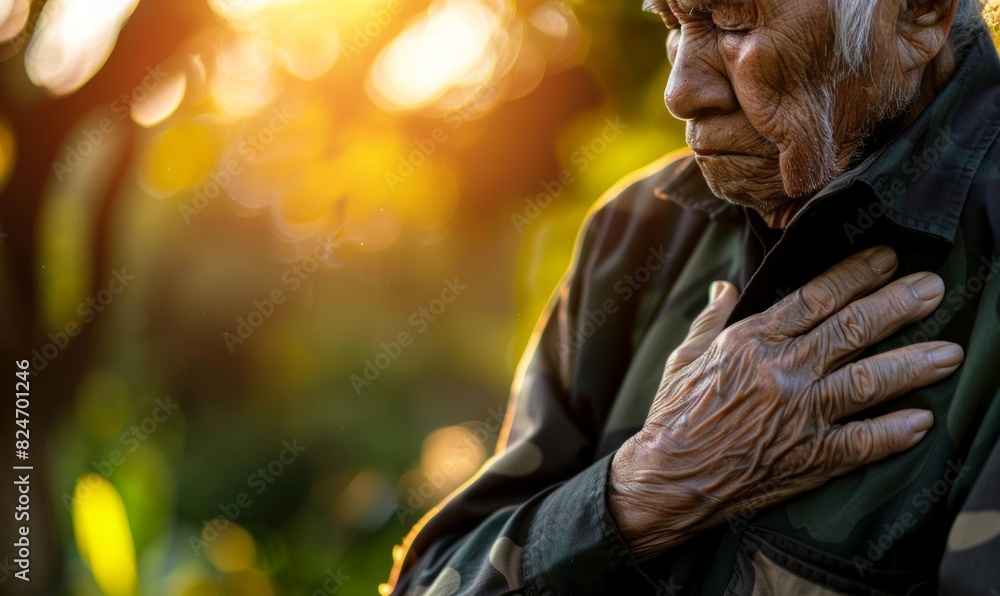 Fototapeta premium Elderly Person Holding Chest Indicating Heart Pain 