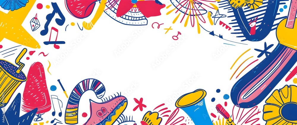 Vibrant Carnival Inspired Doodle Border with Blank Central Space for Customized Event Messaging