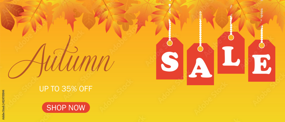 Autumn sale.Horizontal advertising banner with autumn leaves, autumn typography and discount text on an orange background. Vector illustration. Autumn sale.Horizontal advertising banner with autumn leaves, autumn typography and discount text on an orange background. Vector illustration.