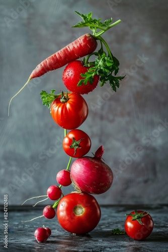 Fresh red vegetables balancing on the table