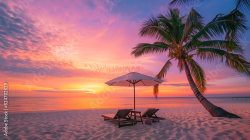 Beautiful tropical sunset scenery, two sun beds, loungers, umbrella under palm tree. White sand, sea view with horizon, colorful twilight sky, calmness and relaxation. Inspirational beach resort hotel © Umut