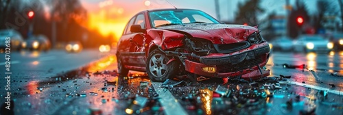 Crashed car on the street: aftermath of a vehicle collision photo