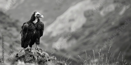 Black and white photo of a vulture on a rock. Suitable for nature and wildlife themes