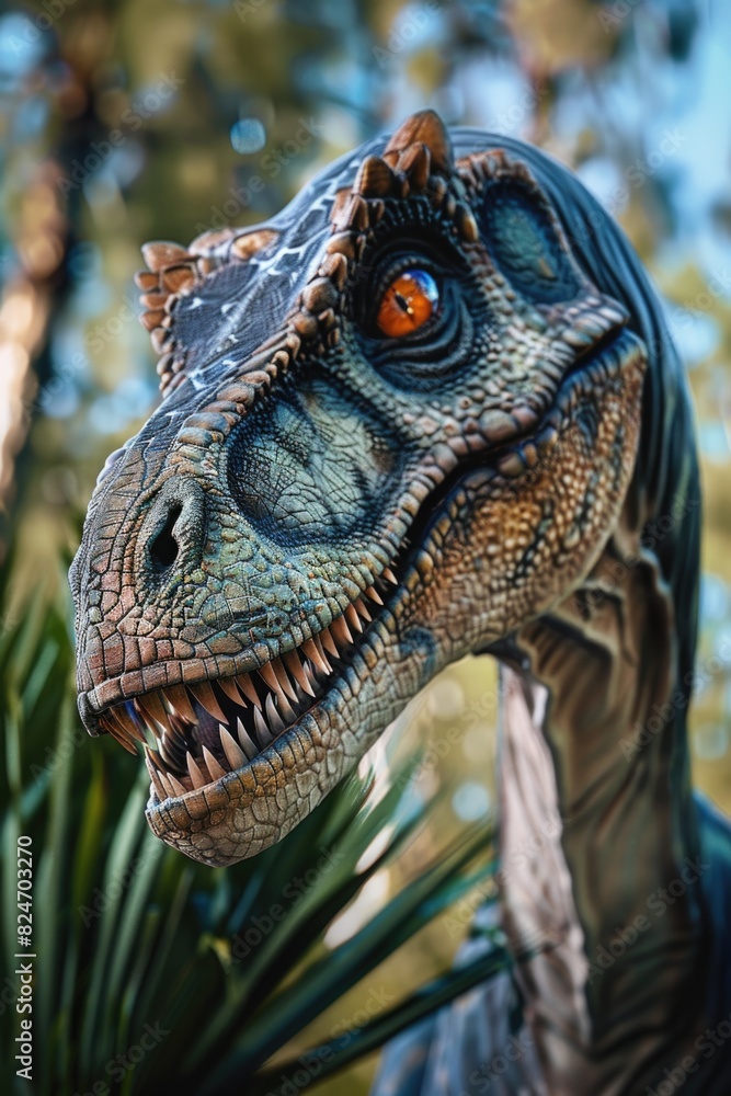 Close up of a dinosaur head with trees in the background. Ideal for educational purposes or dinosaur-themed projects Close up of a dinosaur head with trees in the background. Ideal for educational purposes or dinosaur-themed projects