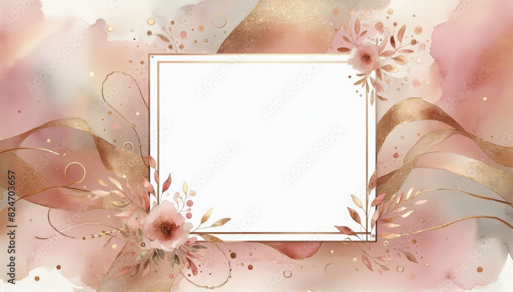 Elegant pink and gold watercolor floral frame with delicate flowers ...