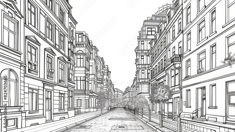 Obraz premium Detailed drawing of a city street with tall buildings. Suitable for urban planning projects