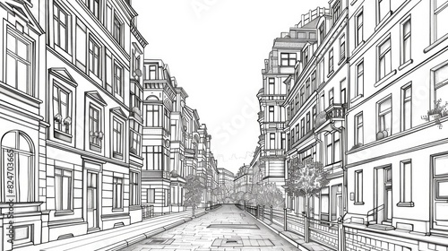Detailed drawing of a city street with tall buildings. Suitable for urban planning projects