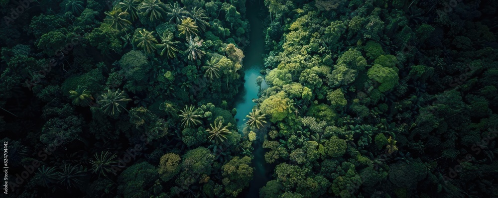 Aerial view of a dense, lush tropical rainforest with a river flowing through, showcasing natural beauty and vibrant foliage. Aerial view of a dense, lush tropical rainforest with a river flowing through, showcasing natural beauty and vibrant foliage.