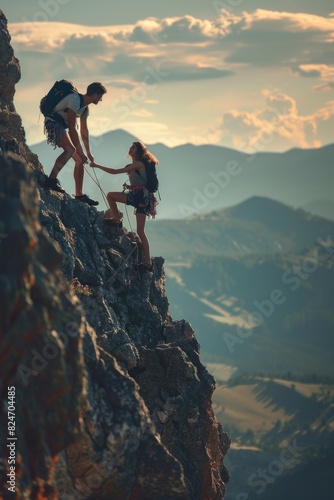 A couple of people climbing up a mountain. Suitable for outdoor and adventure concepts © Fotograf
