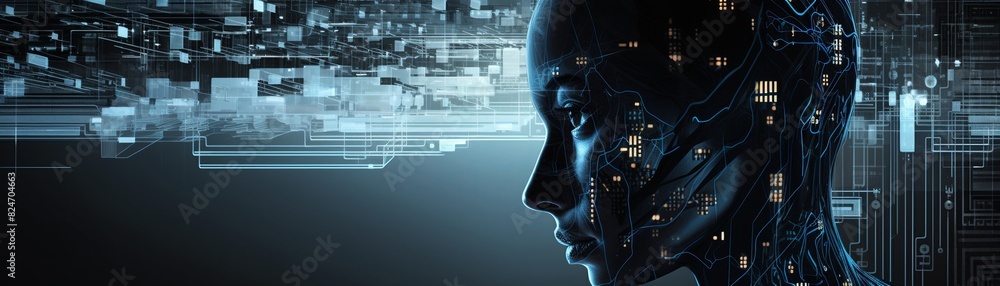 Fototapeta premium Human silhouette intertwined with circuit board patterns double exposure