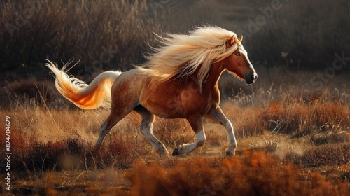 A horse with a long mane running through a field. Suitable for various outdoor themes