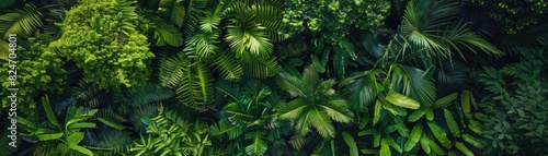 Lush green tropical foliage background, showcasing a variety of vibrant leaves and plants in a dense, natural arrangement.