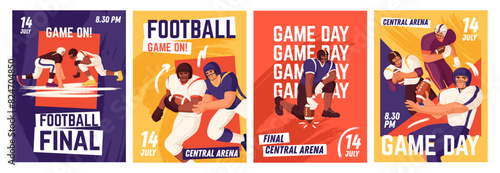 Advertising posters of American football match set. Promotion of sport event. Professional athletes, players in uniform, helmets play rugby. Promo of field game competition. Flat vector illustrations