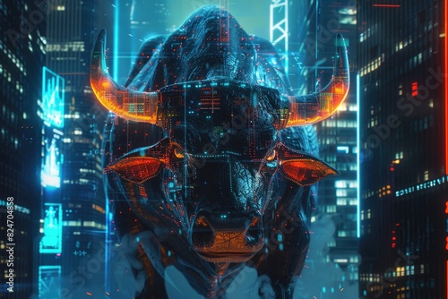 A unique bull with glowing horns standing in a city at night. Perfect for urban and fantasy themed designs