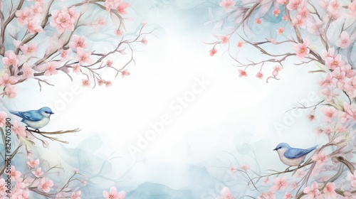 Watercolor border frame with cherry blossoms and songbirds intricate details
