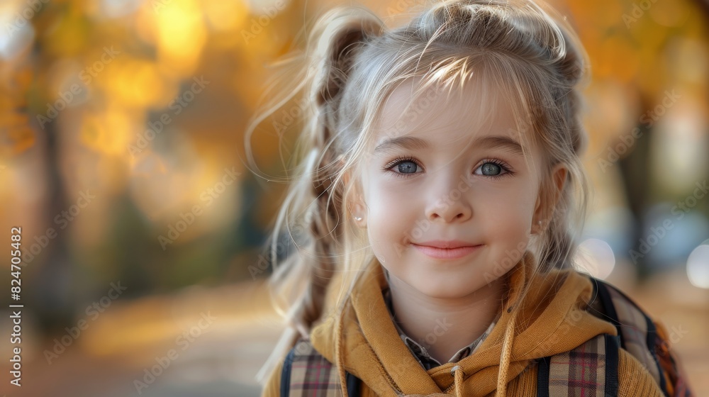 Happy little white girl looking at camera ready to go back to school, early autumn. Generative AI. Happy little white girl looking at camera ready to go back to school, early autumn. Generative AI.