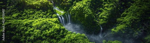 Aerial view of a lush  green forest landscape with a beautiful waterfall cascading into a misty valley  surrounded by dense foliage.