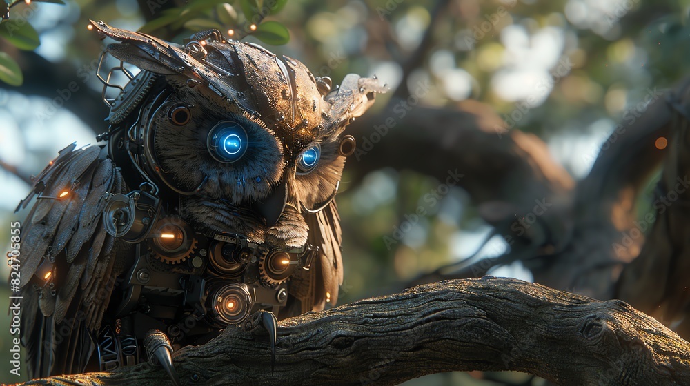 A close-up of an owl perched on a branch with a blurred background of leaves. A close-up of an owl perched on a branch with a blurred background of leaves.