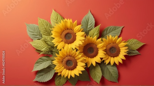 Wallpaper Mural bouquet of sun flowers, flower frame on orange and red background, copy space, Summer spring Background, Birthday, Valentine’s Day, Flat lay, top view, space for text Torontodigital.ca