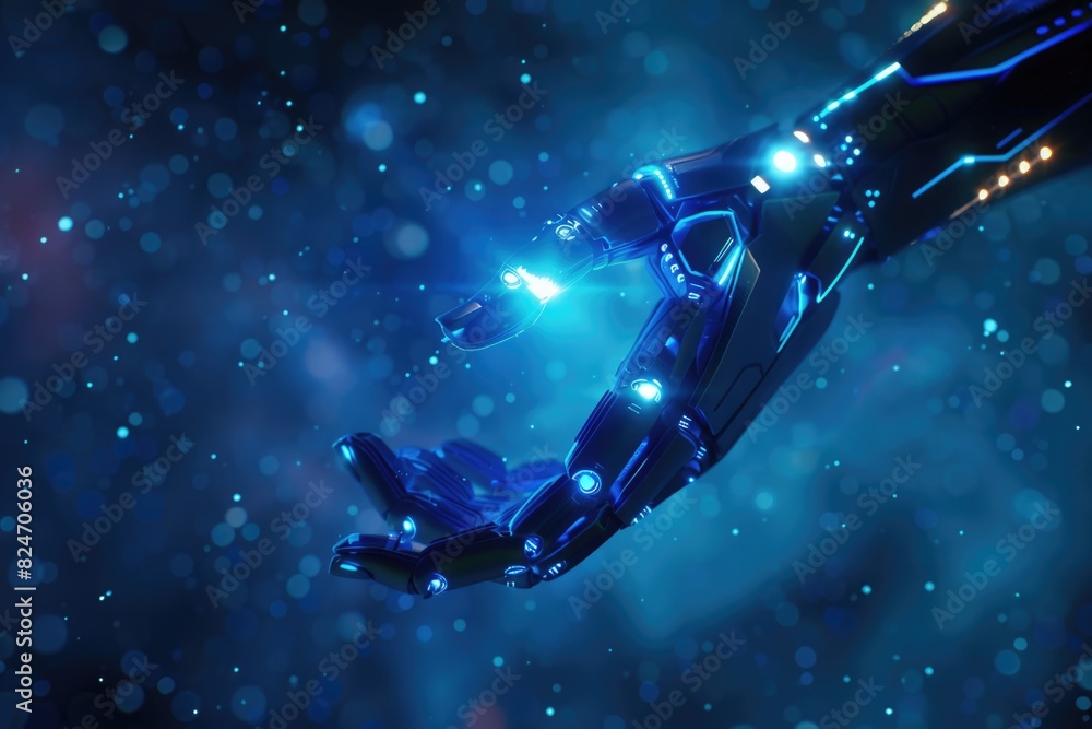 Naklejka premium A futuristic robotic hand holding a glowing blue object. Perfect for technology concepts