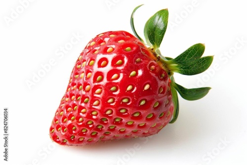 Close-up of a fresh  ripe strawberry with vibrant red color and green leaves  isolated on a white background  perfect for food and nature themes.
