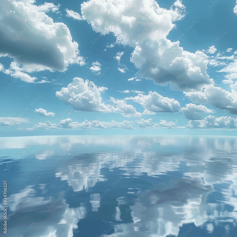 The sky stretches endlessly above the vast expanse of the sea, where fluffy white clouds drift lazily, casting shifting shadows on the shimmering water below The sky stretches endlessly above the vast expanse of the sea, where fluffy white clouds drift lazily, casting shifting shadows on the shimmering water below