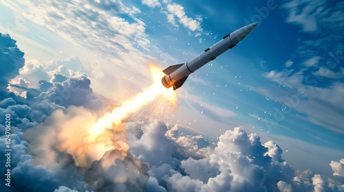 Rocket Launching Through Clouds into Blue Sky