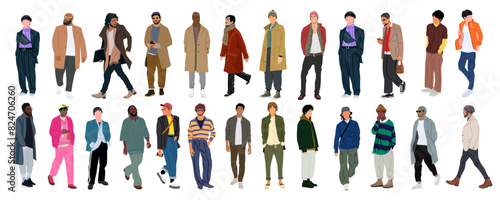 Bundle of Street fashion men vector illustrations. Young men wearing trendy modern street style outfit standing and walking. Cartoon stylish male characters isolated on transparent background.