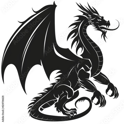 Majestic black dragon silhouette on white. Mythical creature in vector art.  © Didikidiw61447