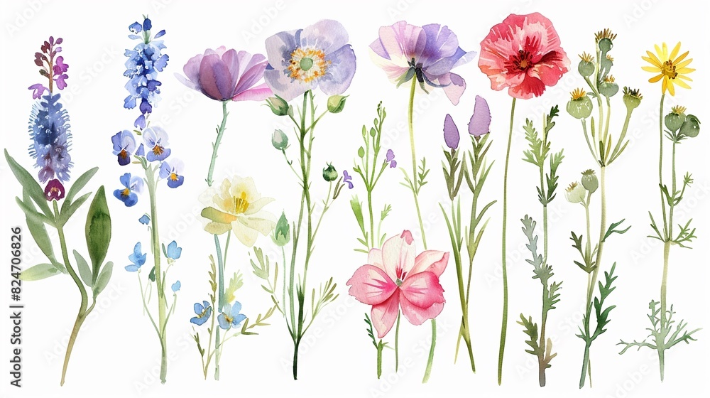 Collection of watercolor wildflowers each with a dash of whimsy