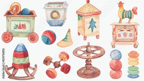 Collection of watercolor traditional toys from a joyful jack-in-the-box to a spinning top