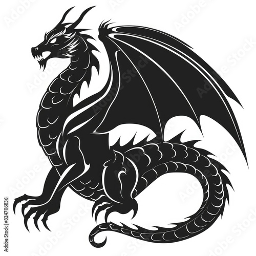 Majestic black dragon silhouette on white. Mythical creature in vector art.
 photo