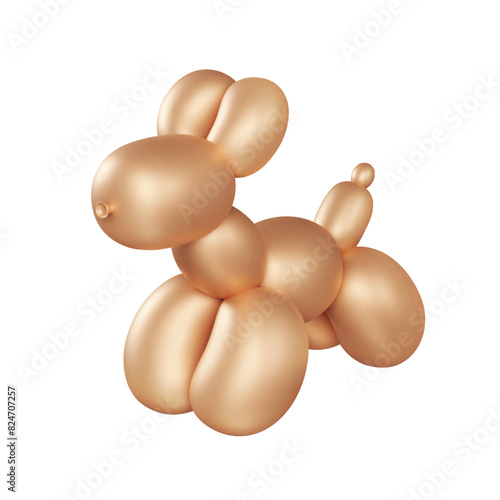 3d balloon dog. Inflated puppy render. Golden glossy bubble animal. Vector illustration. Isolated cartoon creative element. Funny realistic party toy.