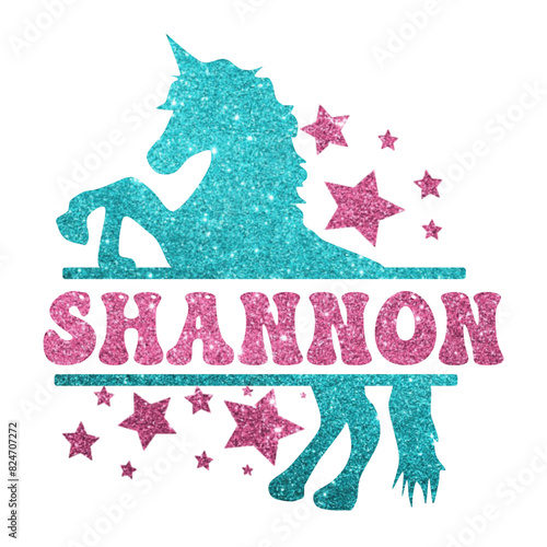 shannon - pink glitter - name written in a frame with light blue glitter Unicorn and stars - vector graphic - for cards, baby shower, prints, cricut, silhouette, sublimation